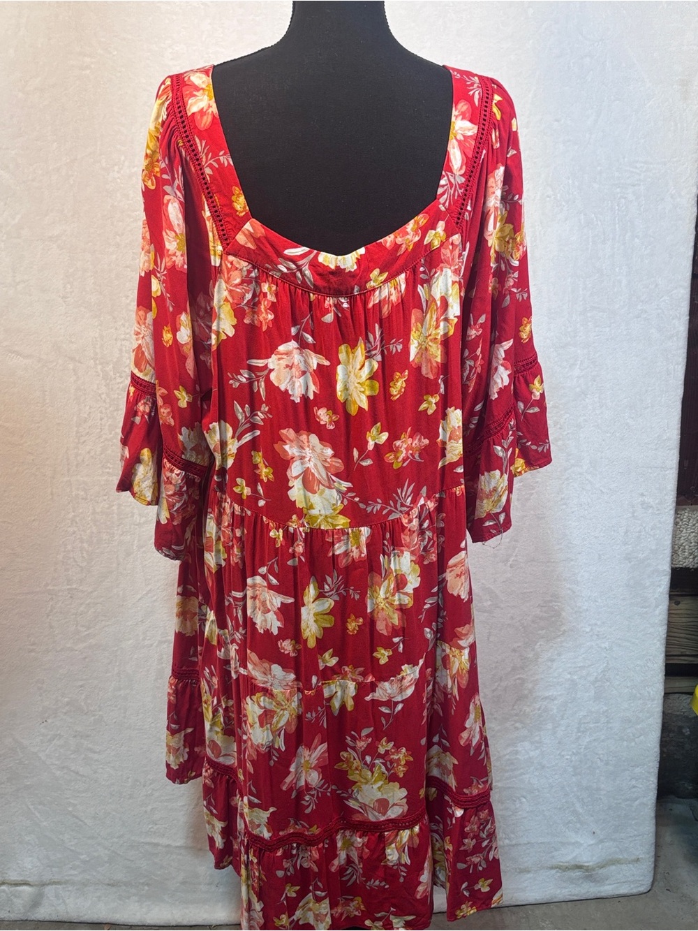 Cato Boho Floral Tiered Dress Square Neck Long Bell Sleeve Pockets Plus Sz 22/24 - Picture 4 of 12